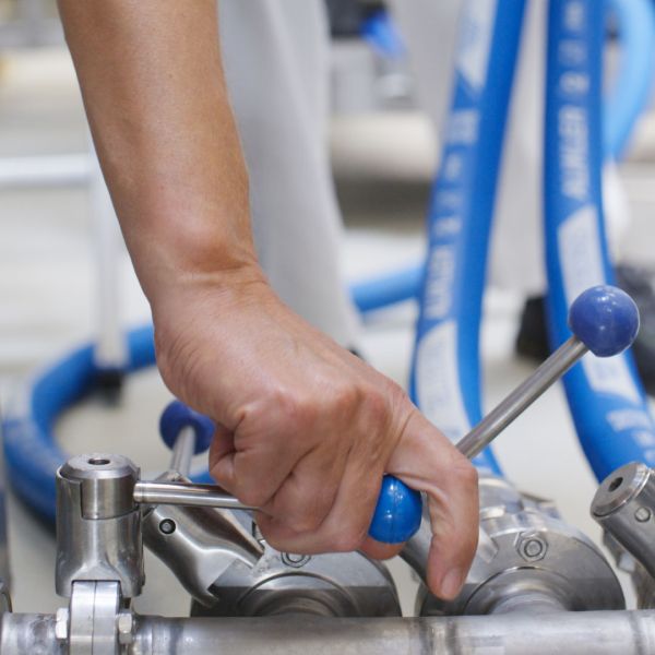 Hand bedient Edelstahl-Hebelventil an einer Produktionsanlage mit blauen Schläuchen
